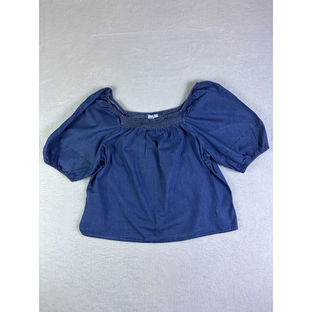 Gap Women's Denim  Casual Shirt Top Puff Sleeve Sz L Cotton Boho Hippy Comfy